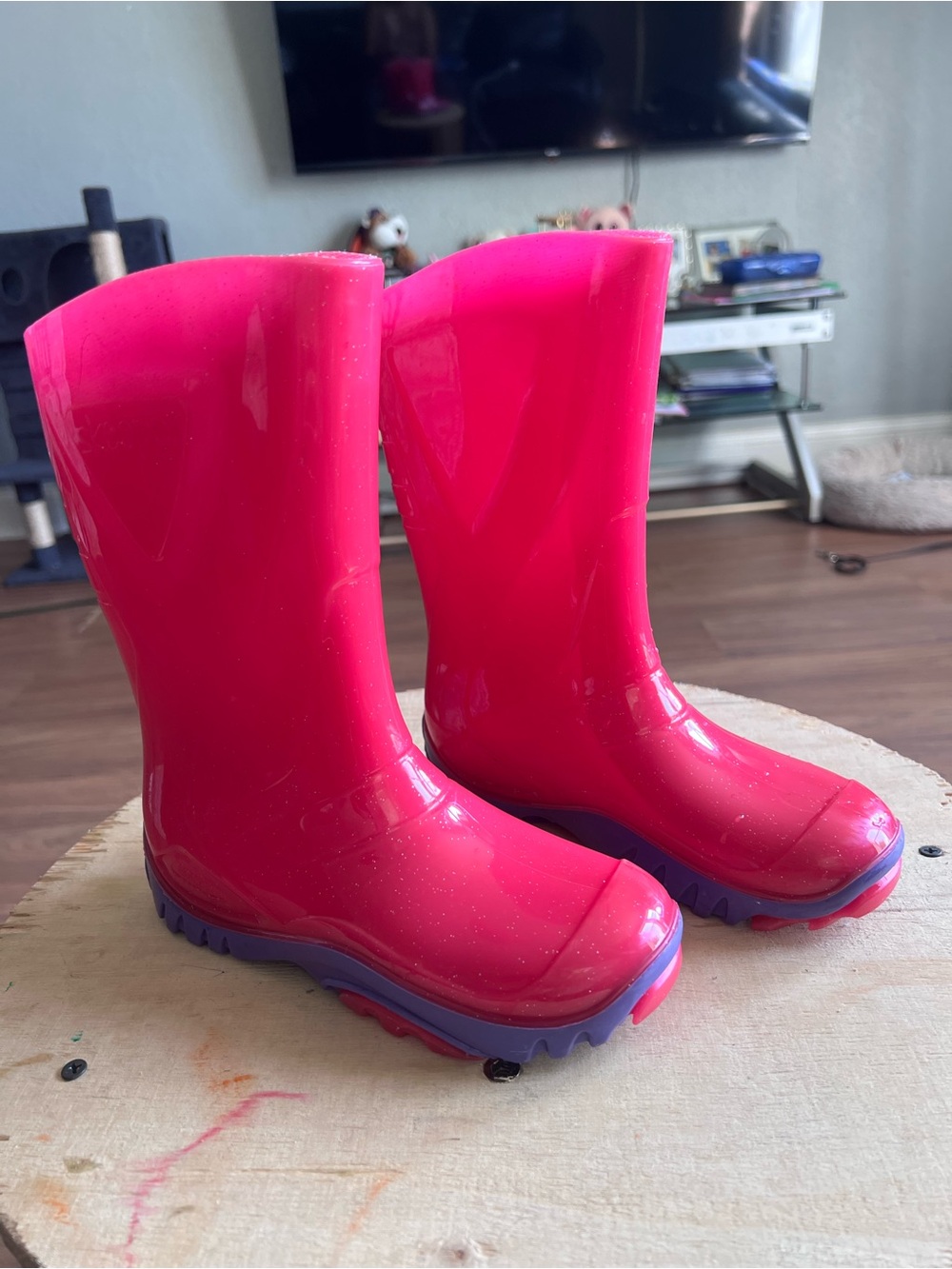 Kids Waterproof Bright Pink Rain Boots with Purple Soles